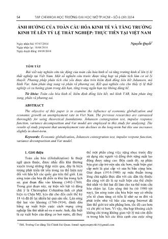Ảnh hưởng của toàn cầu hóa kinh tế và tăng trưởng kinh tế lên tỷ lệ thất nghiệp: Thực tiễn tại Việt Nam