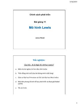 Bài giảng Chính sách phát triển - Bài 11: Mô hình Lewis