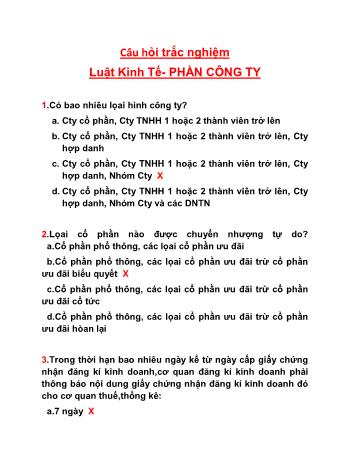 Câu hỏi trắc nghiệm Luật kinh tế - Phần: Công ty