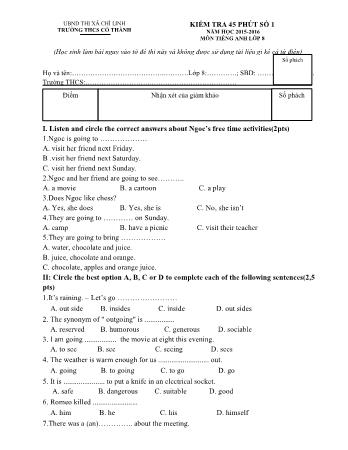 Đề kiểm tra 45 phút Tiếng Anh Lớp 8 - Bài số 1 - Năm học 2015-2016 - Trường THCS Cổ Thành (Có đáp án)