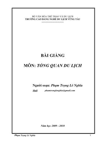 Bài giảng Tổng quan du lịch - Năm học 2009-2010 - Phạm Trọng Lê Nghĩa