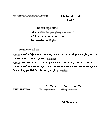 Đề thi học phần Giáo dục quốc phòng - An ninh 2 - Năm học 2014-2015 - Trường Cao đẳng Cần Thơ (Có đáp án)