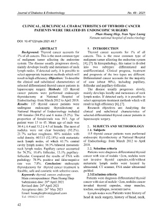 Clinical, subclinical characteristics of thyroid cancer patients were treated by endoscopic surgery