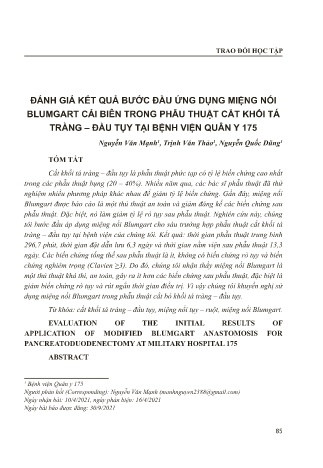 Đánh giá kết quả bước đầu ứng dụng miệng nối Blumgart cải biên trong phẫu thuật cắt khối tá tràng – đầu tụy tại bệnh viện Quân Y 175
