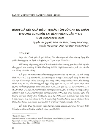 Đánh giá kết quả điều trị bảo tồn vỡ gan do chấn thương bụng kín tại Bệnh Viện Quân Y 175 giai đoạn 2019-2021