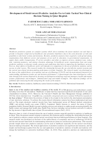 Development of model toward predictive analytics use to guide tactical non-clinical decision making in Qatar hospitals