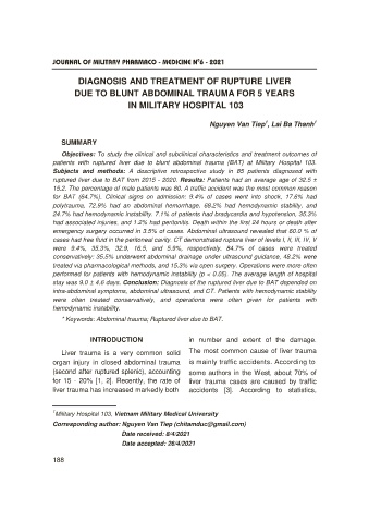 Diagnosis and treatment of rupture liver due to blunt abdominal trauma for 5 years in Military Hospital 103