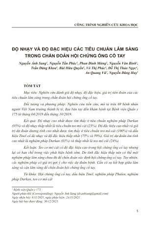 Độ nhạy và độ đặc hiệu các tiêu chuẩn lâm sàng trong chẩn đoán hội chứng ống cổ tay