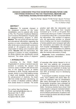 Enhance caregivers’ practice on motor rehabilitation care for stroke patients at Phu Tho Traditional medicine and Functional rehabilitation Hospital in Viet Nam