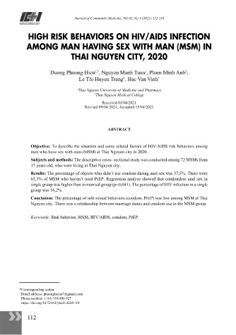 Hành vi nguy cơ lây nhiễm HIV/AIDS ở nam đồng tính tại Thành phố Thái Nguyên năm 2020