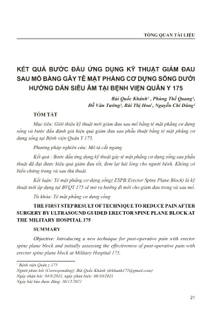 Kết quả bước đầu ứng dụng kỹ thuật giảm đau sau mổ bằng gây tê mặt phẳng cơ dựng sống dưới hướng dẫn siêu âm tại Bệnh viện Quân Y 175
