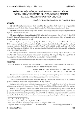 Khảo sát việc sử dụng kháng sinh trong điều trị nhiễm khuẩn huyết do Staphylococcus Aureus tại các khoa ICU Bệnh viện Chợ Rẫy