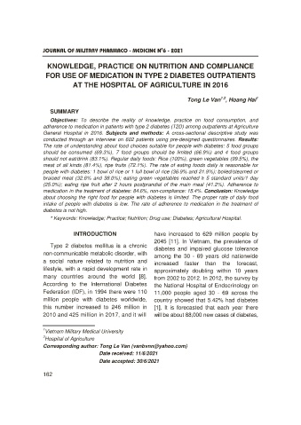 Knowledge, practice on nutrition and compliance for use of medication in type 2 diabetes outpatients at the Hospital of Agriculture in 2016