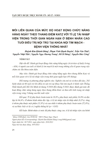 Mối liên quan của mức độ hoạt động chức năng hằng ngày theo thang điểm KATZ với tỉ lệ tái nhập viện trong thời gian ngắn hạn ở bệnh nhân cao tuổi điều trị nội trú tại khoa nội tim mạch - Bệnh viện Thống Nhất