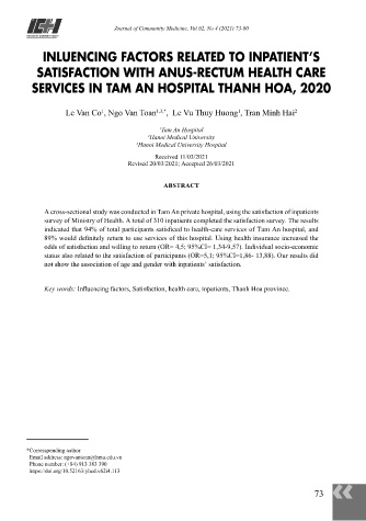 Mối liên quan giữa một số yếu tố và sự hài lòng của người bệnh về dịch vụ khám chữa bệnh hậu môn-trực tràng nội trú tại Bệnh viện Tâm An, Thanh Hoá 2020