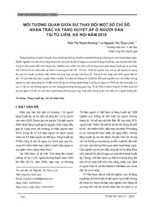Mối tương quan giữa sự thay đổi một số chỉ số nhân trắc và tăng huyết áp ở người dân tại Từ Liêm, Hà Nội năm 2018