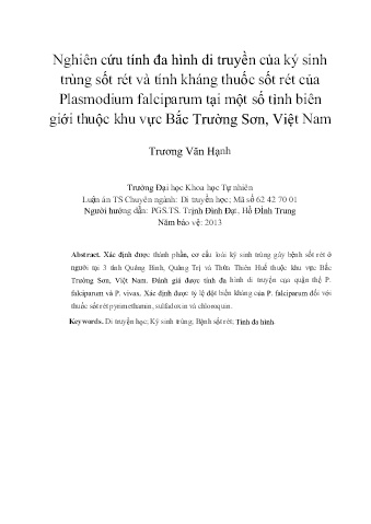 Nghiên cứu tính đa hình di truyền của ký sinh trùng sốt rét và tính kháng thuốc sốt rét của Plasmodium falciparum tại một số tỉnh biên giới thuộc khu vực Bắc Trường Sơn, Việt Nam