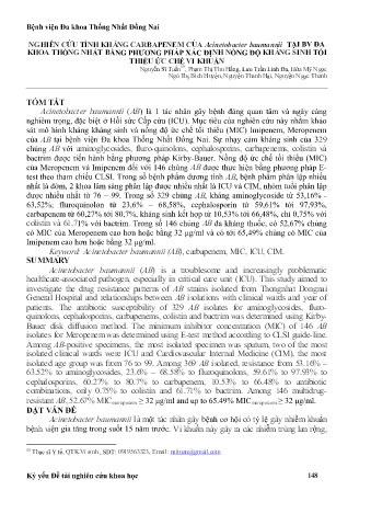 Nghiên cứu tính kháng Carbapenem của Acinetobacter Baumannii tại bv đa khoa Thống Nhất bằng phương pháp xác định nồng độ kháng sinh tối thiểu ức chế vi khuẩn
