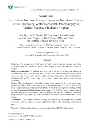 Nuôi dưỡng sớm đường tiêu hoá cải thiện tình trạng dinh dưỡng cho trẻ sau phẫu thuật vá thông liên thất tại Bệnh viện Nhi Trung ương
