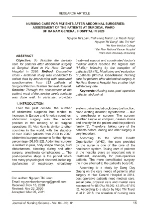 Nursing care for patients after abdominal surgeries: Assessment of the patients at surgical ward of ha nam general hospital in 2020