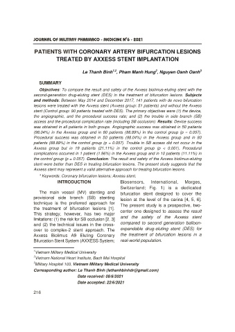 Patients with coronary artery bifurcation lesions treated by axxess stent implantation