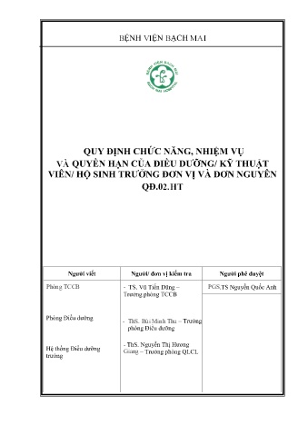 Tài liệu Quy định chức năng, nhiệm vụ và quyền hạn của điều dưỡng/ kỹ thuật viên/ hộ sinh trưởng đơn vị và đơn nguyên qđ.02.ht