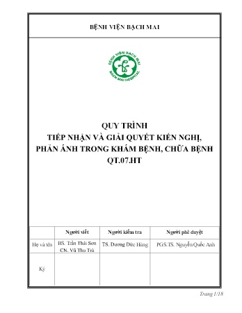 Tài liệu Quy trình tiếp nhận và giải quyết kiến nghị, phản ánh trong khám bệnh, chữa bệnh qt.07.ht