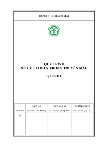 Tài liệu Quy trình xử lý tai biến trong truyền máu