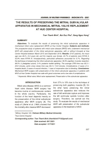 The results of preserving the mitral subvalvular apparatus in mechanical mitral valve replacement at Hue Center Hospital