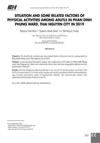 Thực trạng hoạt động thể lực và một số yếu tố liên quan ở người trưởng thành tại phường Phan Đình Phùng, Thành phố Thái Nguyên năm 2019